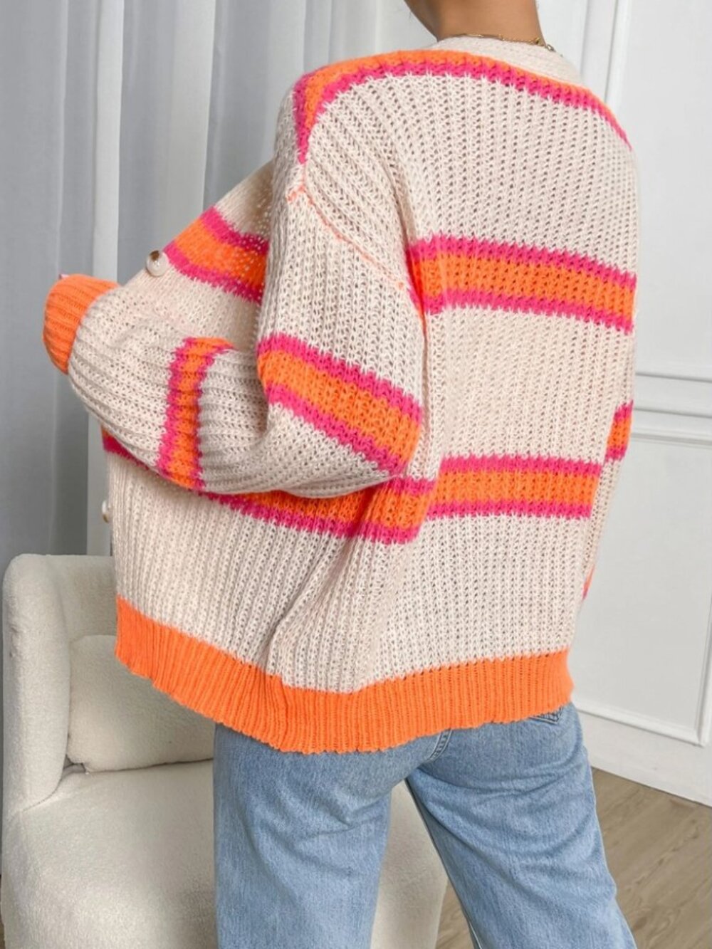 Cream Knit Cardigan with Pink & Orange Stripe Trim - Picture 3 of 6
